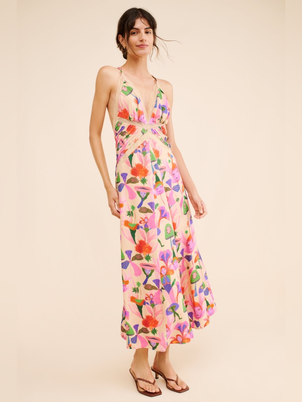 Farm Rio Fairies Sand Slip Midi Dress Faves Print Lace Trim Small
